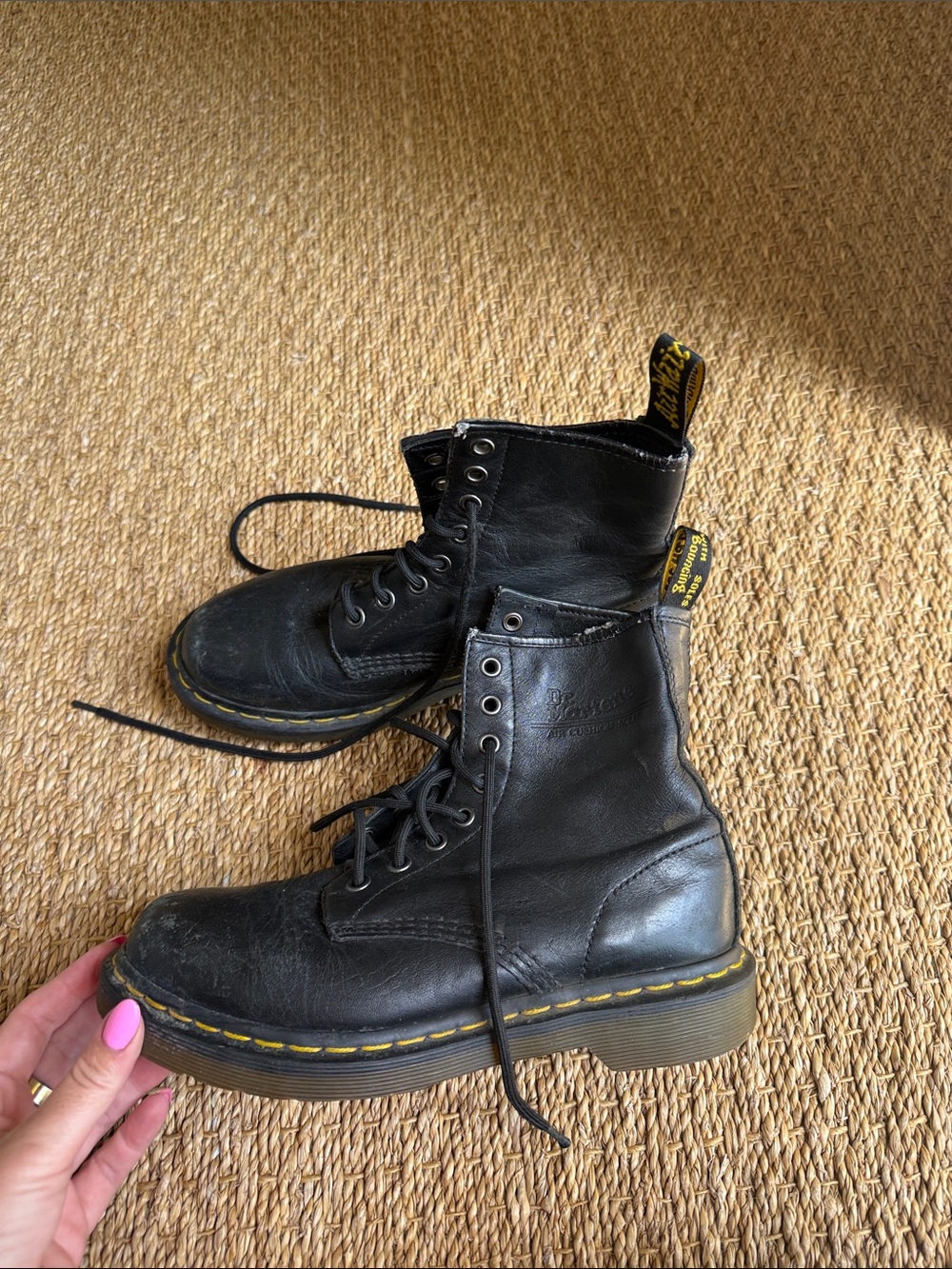 Dr. Martens 8-Eye Black Leather Lace-Up Boots with Yellow Stitching women’s 7.5